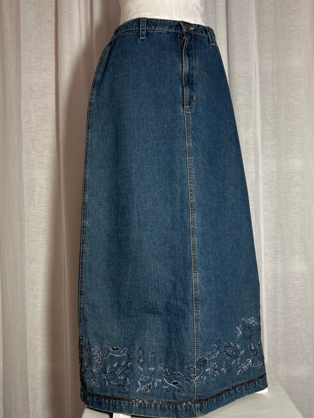 Chico's Design | Dark Blue Denim Maxi Skirt | Beaded Hem | Vintage